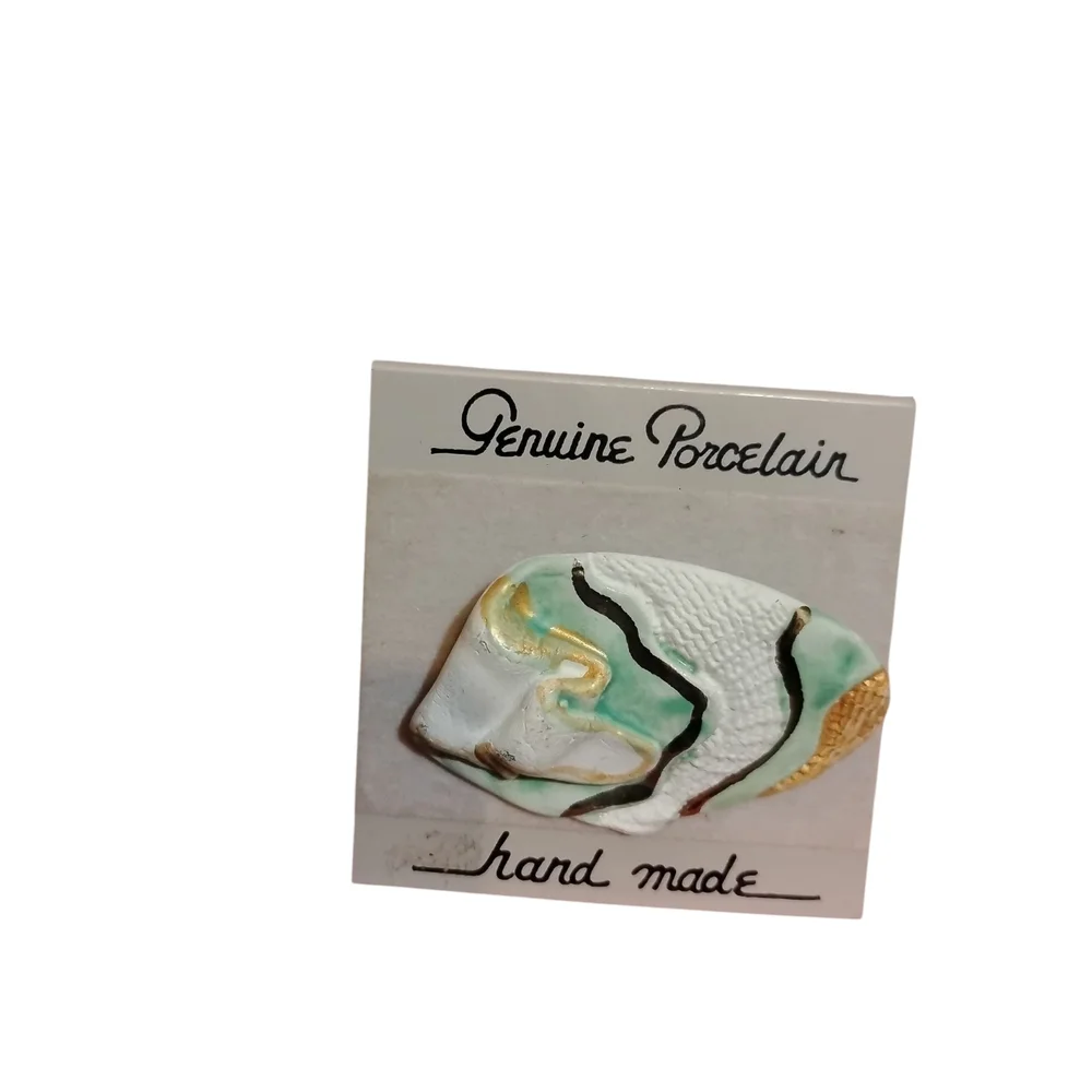 Handmade Porcelain Brooch 24K Gold Glazed Green White Clasp Closure BoHo Artsy